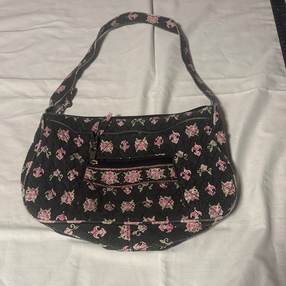 Boho Chic Floral quilted Shoulder HandBag in Black and Pink
